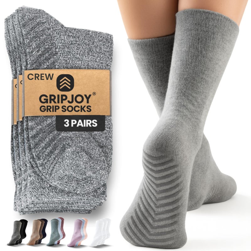 Gripjoy Grip Socks for Women, Grippy, Non Slip, Gripper Socks for Women & Men, Pilates, Yoga, Hospital, Non Skid, 3 Pairs, Crew, Gray - Image 1